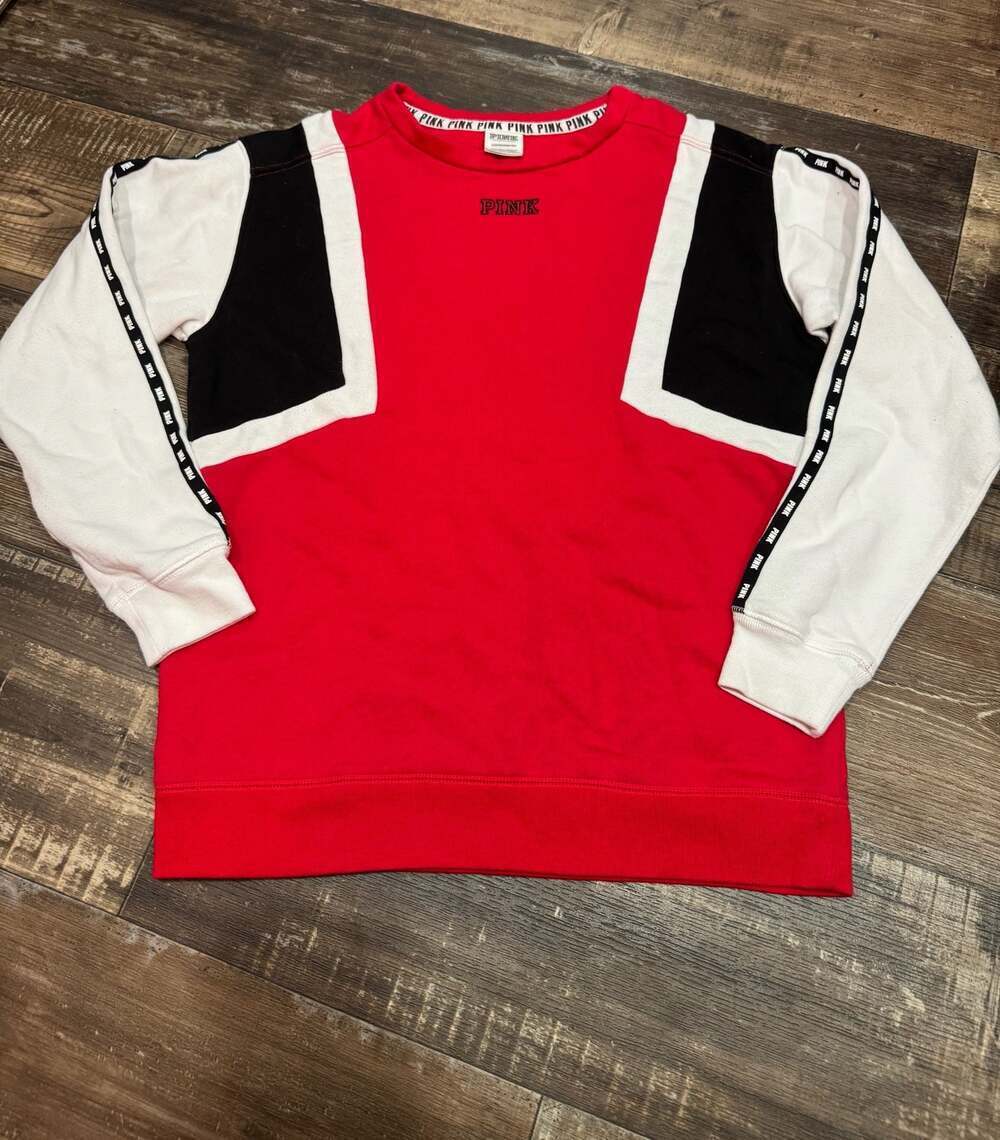 PINK Victoria's Secret Red Colorblock Crewneck Sweatshirt with Logo Tape Sleeves